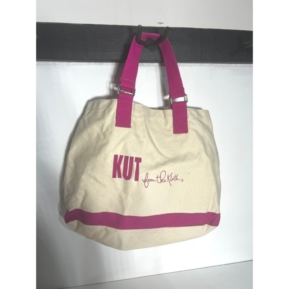 Kut from the Kloth Canvas Tote Bag Cream Magenta Pink Logo Shopper Beach Bag